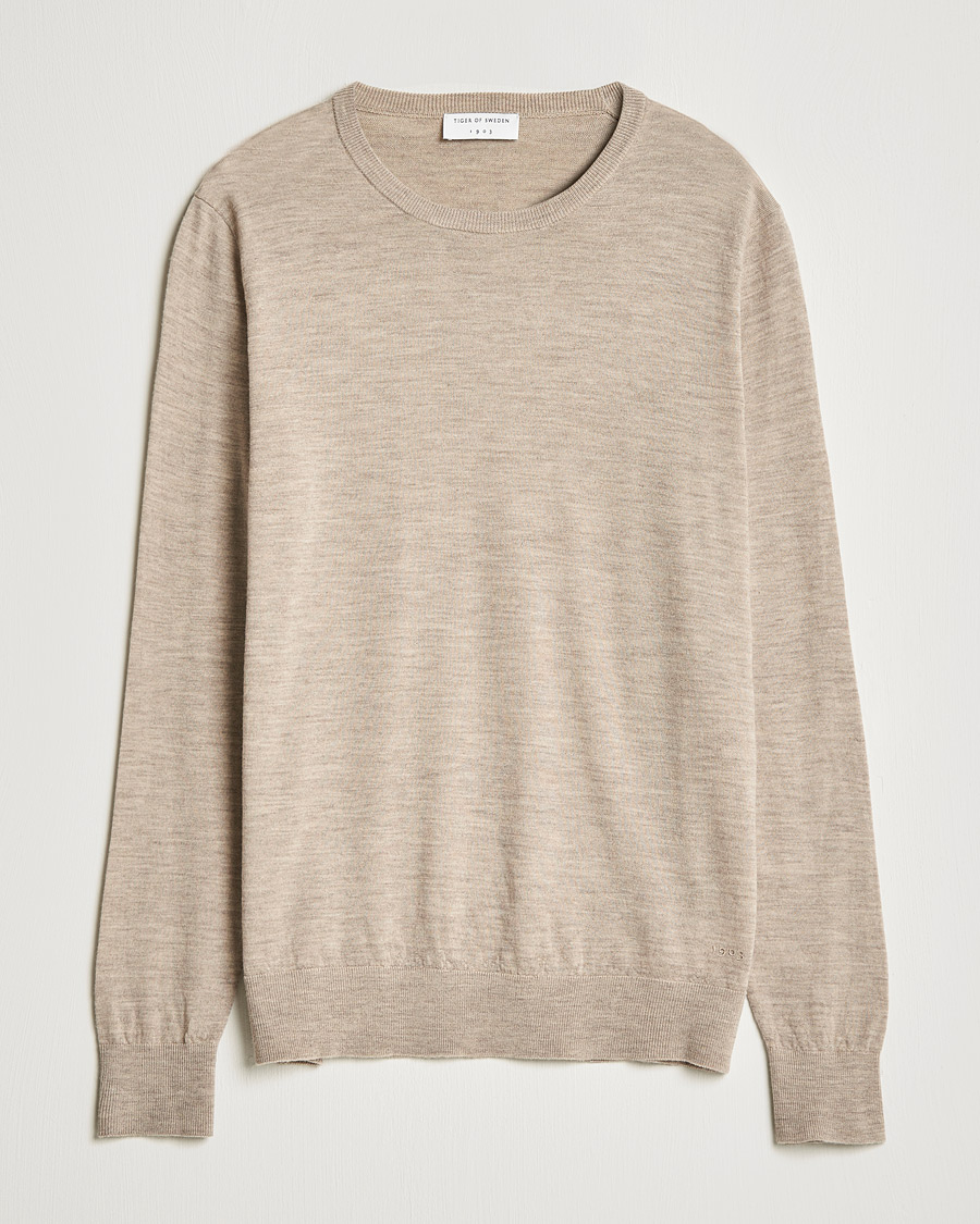 Men | Sweaters & Knitwear | Tiger of Sweden | Nichols Extra Fine Merino Crew Neck Beige Melange
