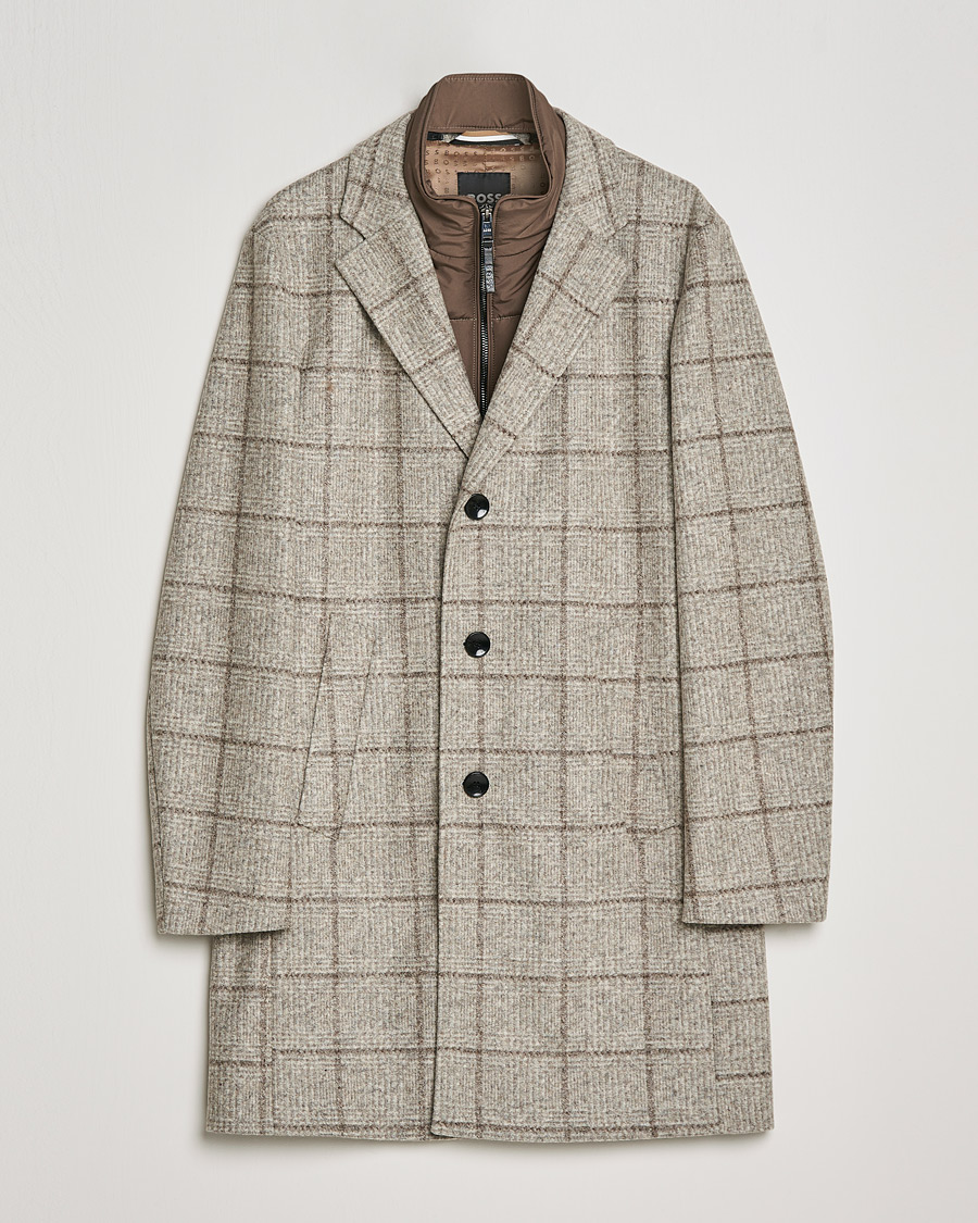 Men |  | BOSS | Hyde Wool Checked Stand Up Collar Coat Medium Beige