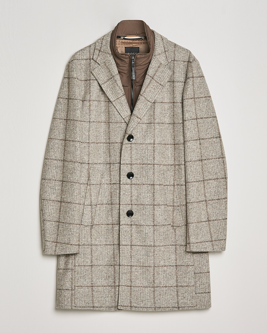 Men | Coats & Jackets | BOSS BLACK | BOSS Hyde Wool Checked Stand Up Collar Coat Medium Beige