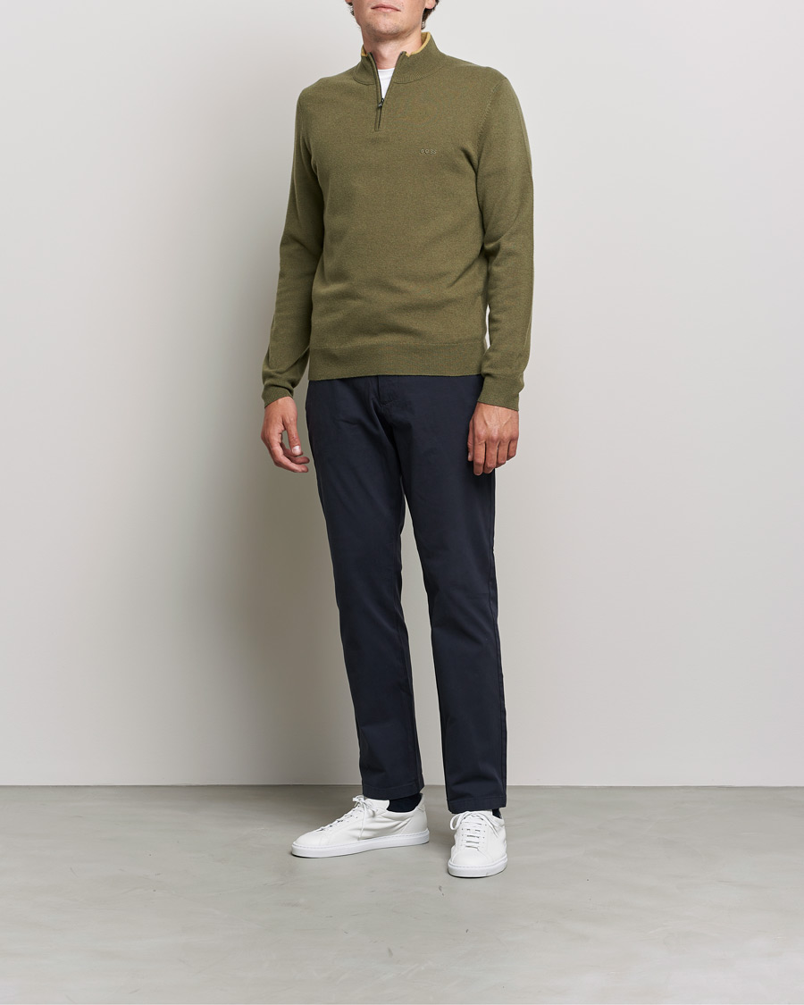 Men | Sweaters & Knitwear | BOSS | Barlo Lambswool Half Zip Open Green
