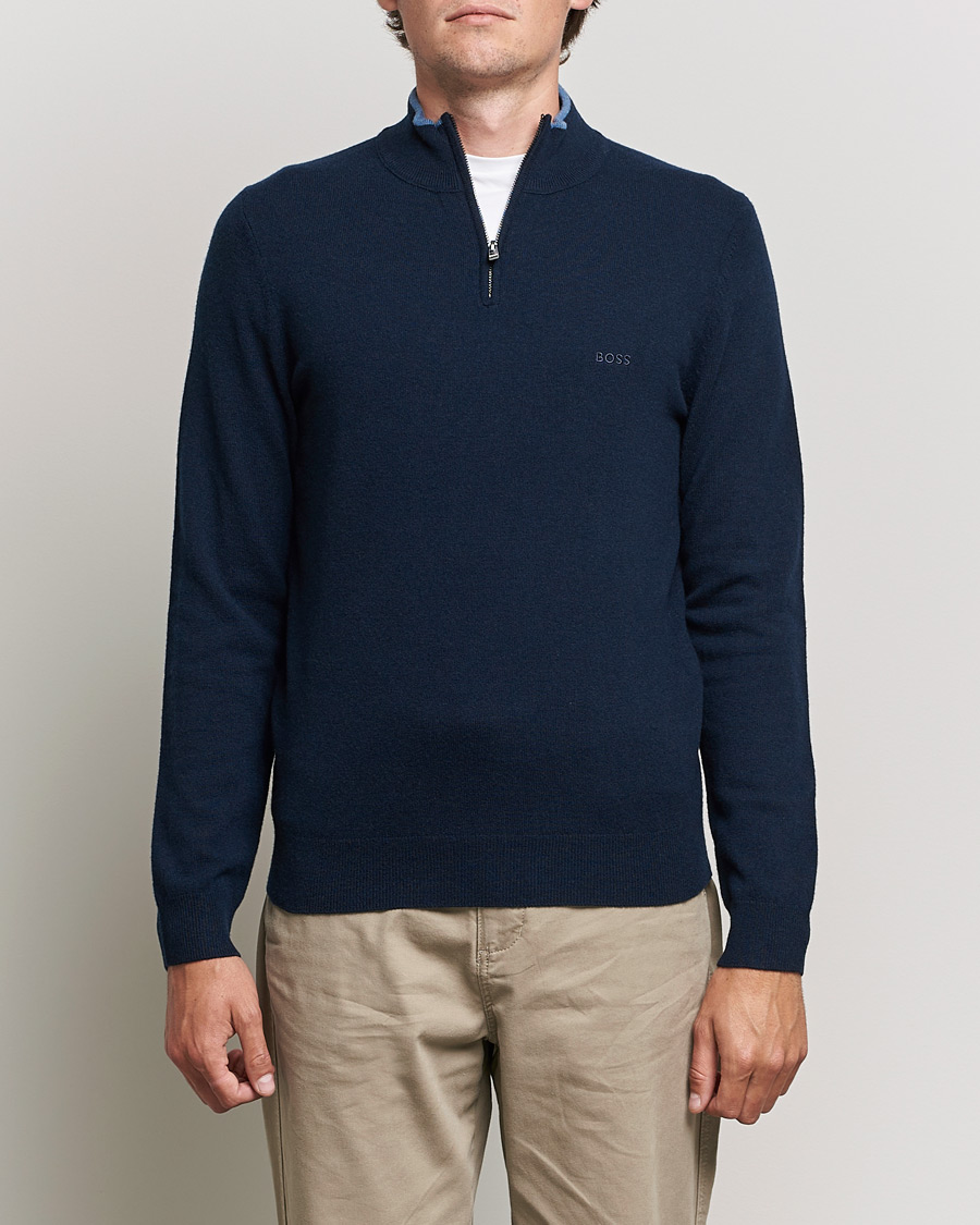 Men | Sweaters & Knitwear | BOSS BLACK | Barlo Lambswool Half Zip Dark Blue