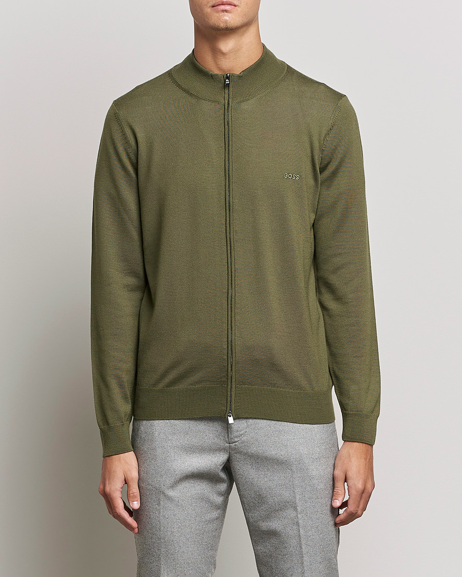 Men | Zip Throughs | BOSS | Balonso Full Zip Sweater Open Green