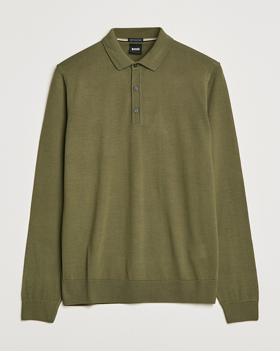 Men | Knitted Polo Shirts | BOSS | Lancione Merino Knitted Polo Open Green