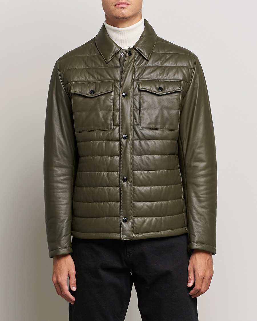 Men | Leather & Suede | BOSS | Milted Padded Leather Jacket Open Green