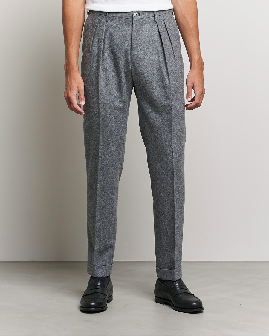 Incotex Pleated Flannel Trousers Grey Melange at CareOfCarl.com