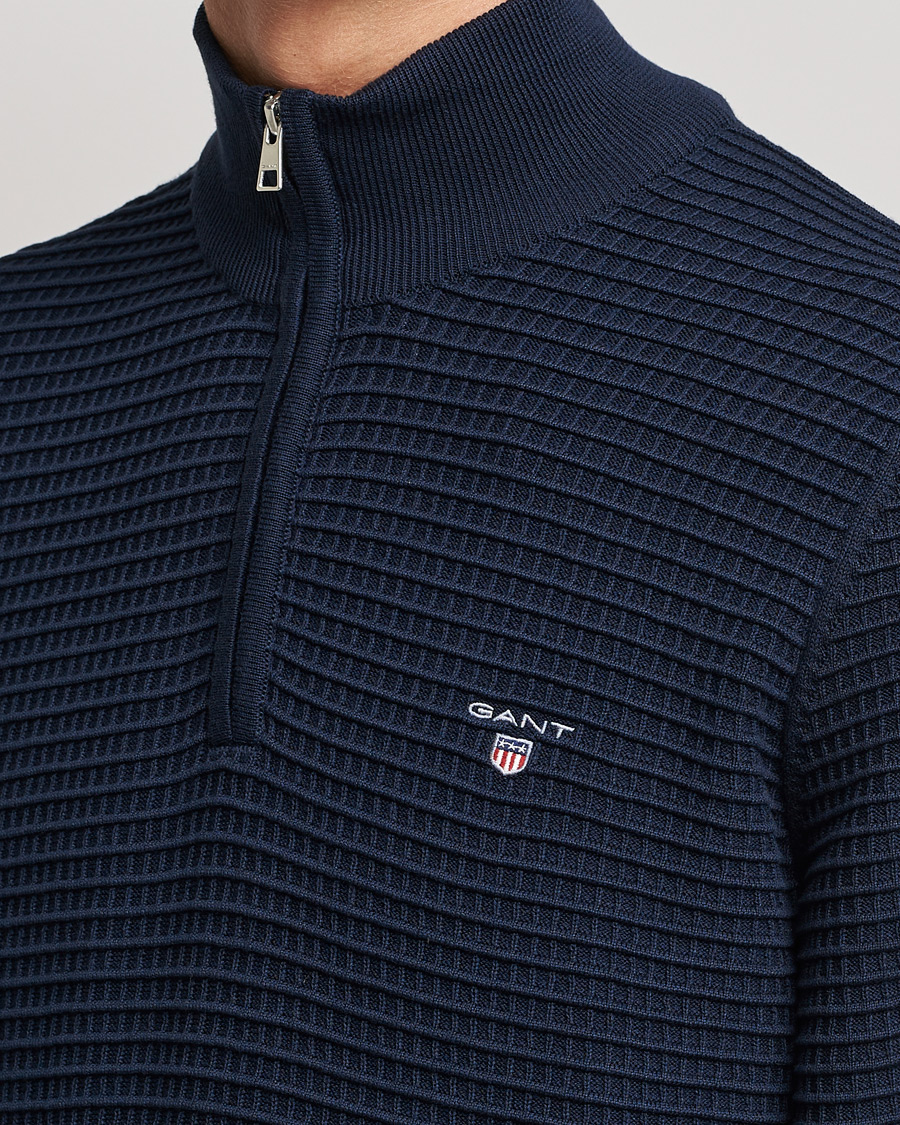 Men | Sweaters & Knitwear | GANT | Cotton Texture Half Zip Evening Blue