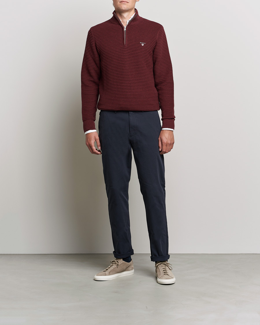 Men | Sweaters & Knitwear | GANT | Cotton Texture Half Zip Dark Burgundy Melange