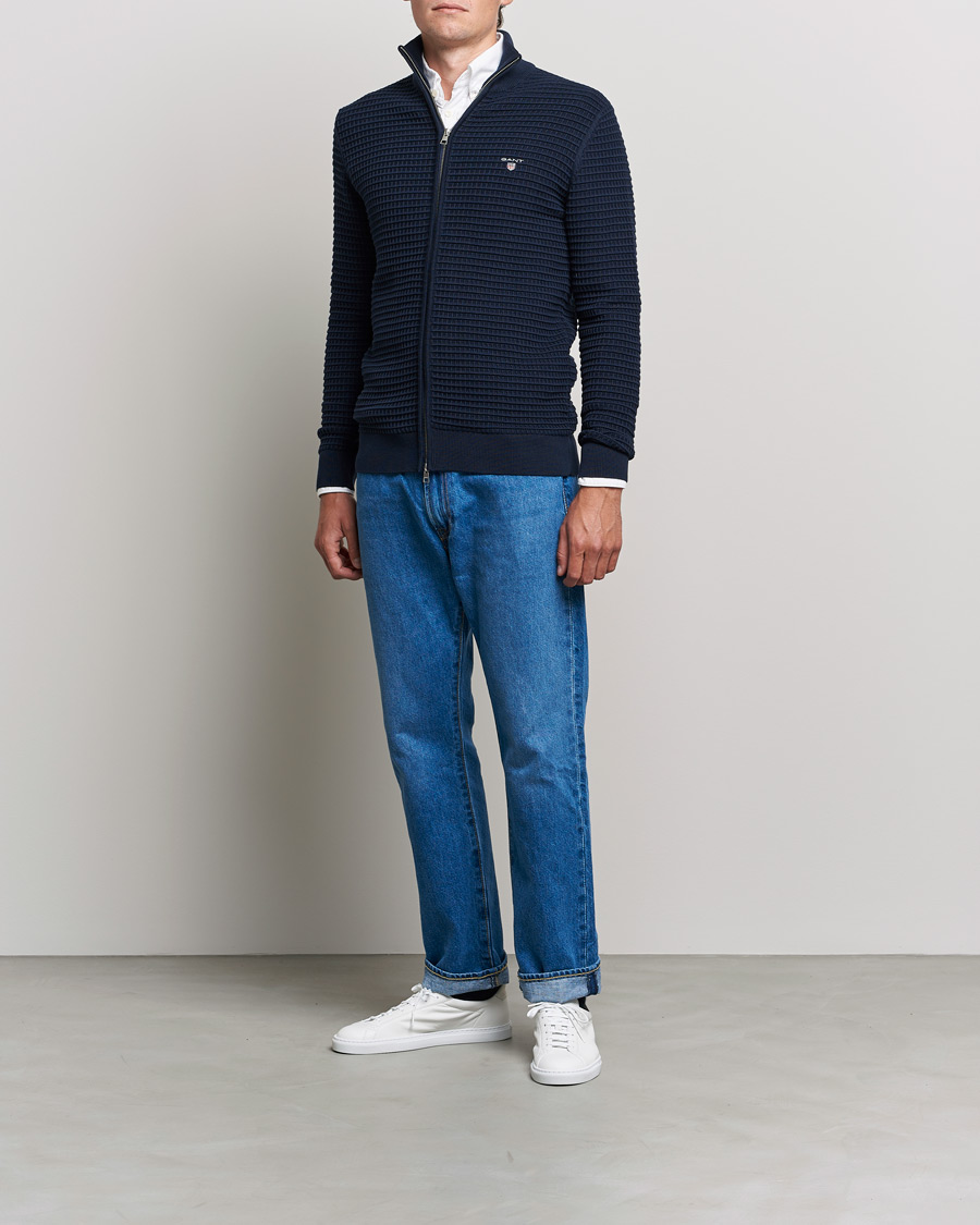 Men | Sweaters & Knitwear | GANT | Cotton Texture Full Zip Evening Blue