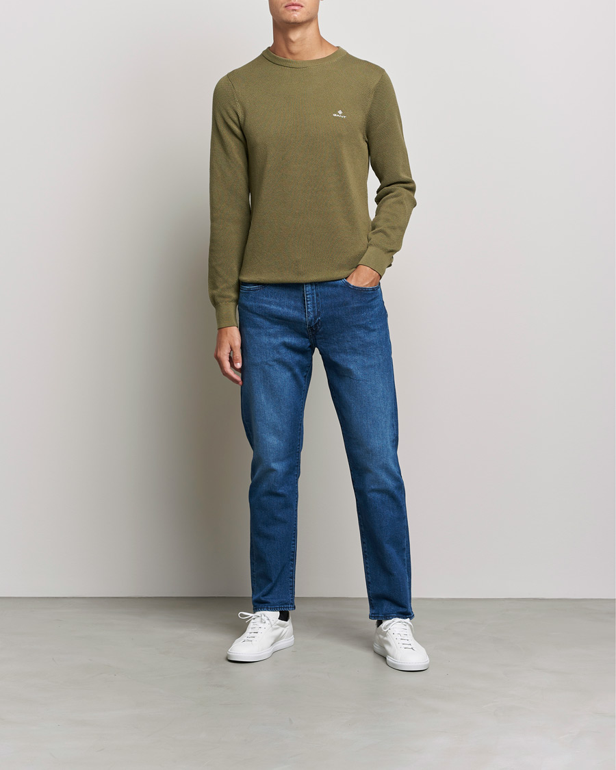Men | Sweaters & Knitwear | GANT | Cotton Pique Crew Neck Pullover Hunter Green