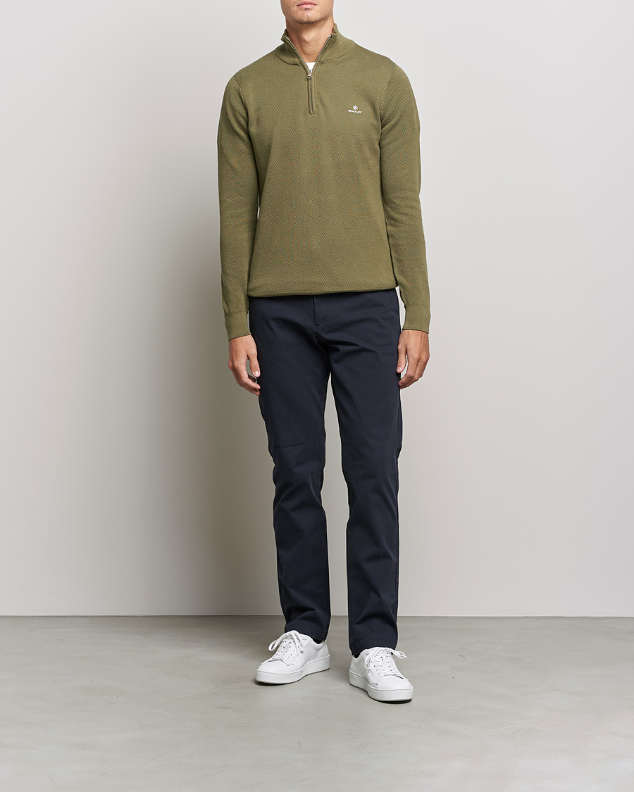 Men | Sweaters & Knitwear | GANT | Cotton Pique Half Zip Hunter Green