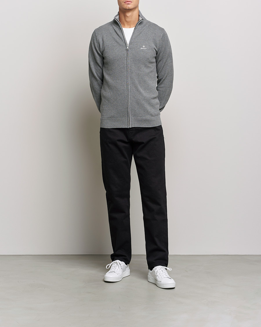 Men | Sweaters & Knitwear | GANT | Cotton Pique Full Zip Dark Grey Melange