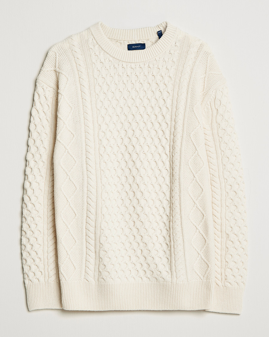 Men | Sweaters & Knitwear | GANT | Aran Structured Knitted Sweater Cream