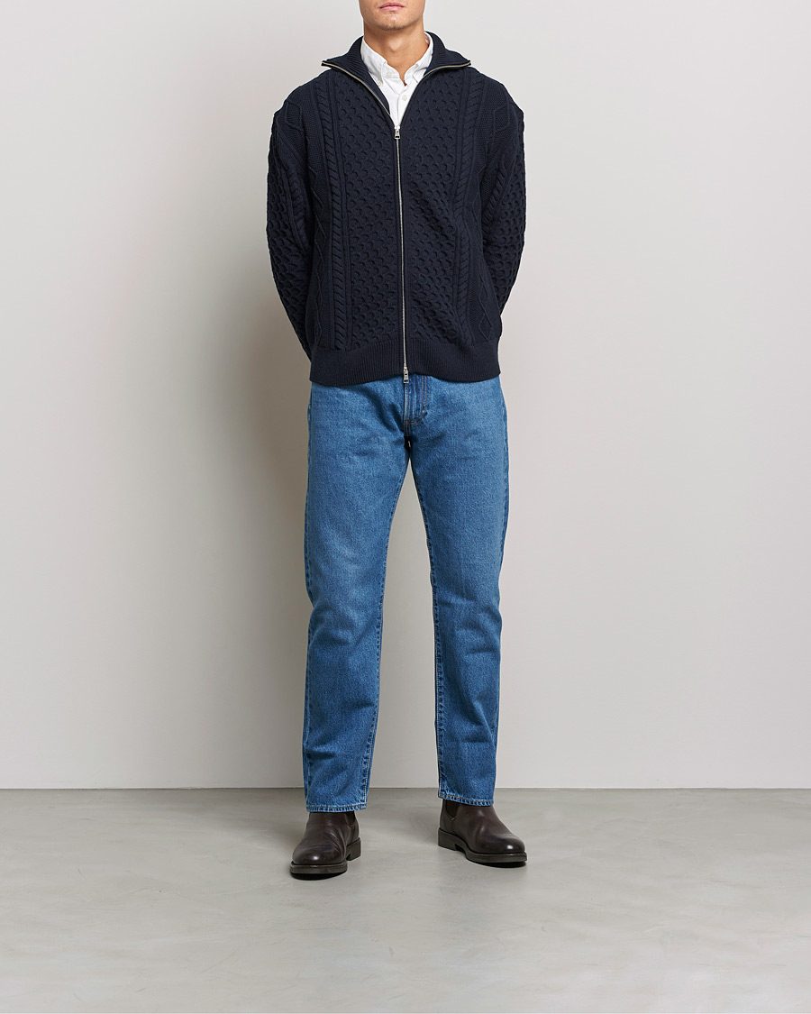 Men | Sweaters & Knitwear | GANT | Aran Structured Full Zip Evening Blue