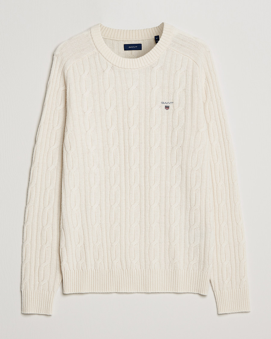Men | Sweaters & Knitwear | GANT | Lambswool Cable Crew Neck Pullover Cream