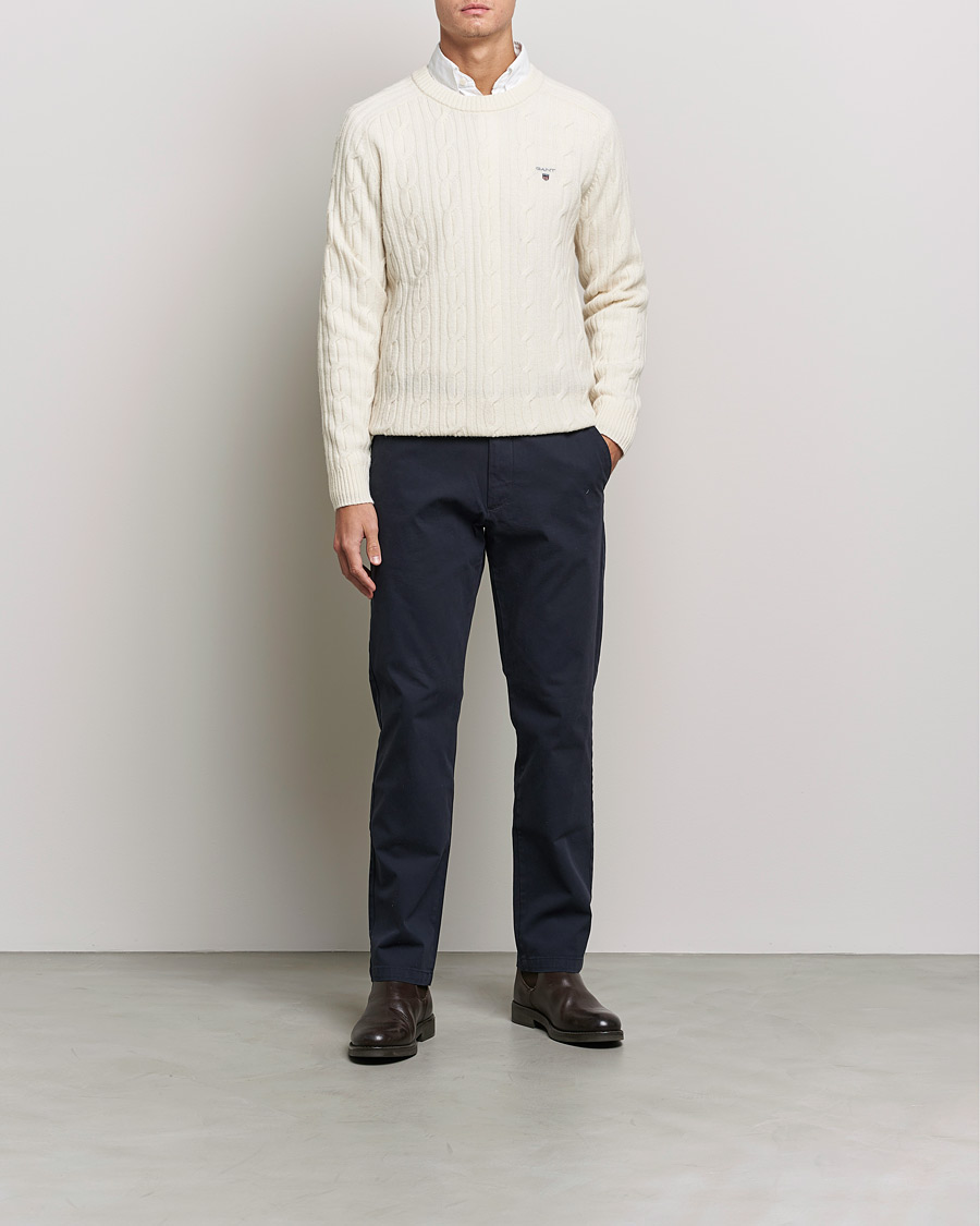 Men | Sweaters & Knitwear | GANT | Lambswool Cable Crew Neck Pullover Cream