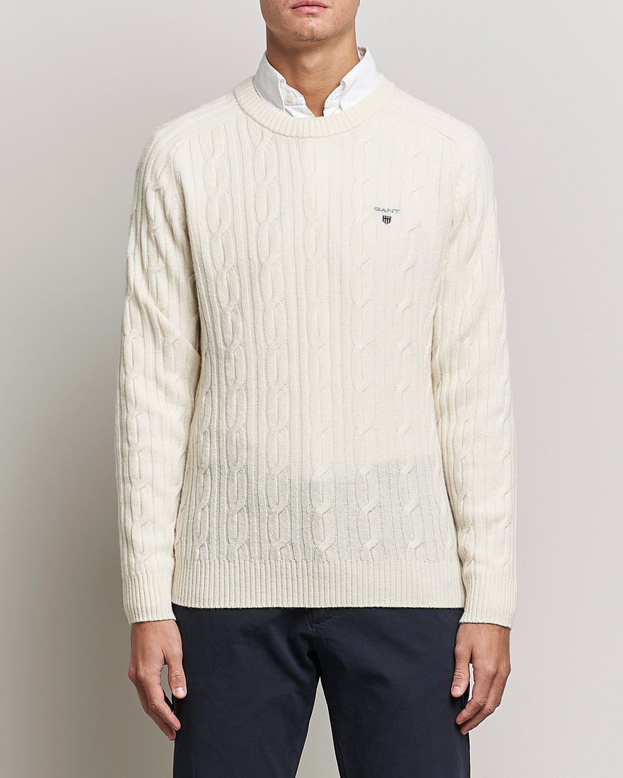 Men | Sweaters & Knitwear | GANT | Lambswool Cable Crew Neck Pullover Cream