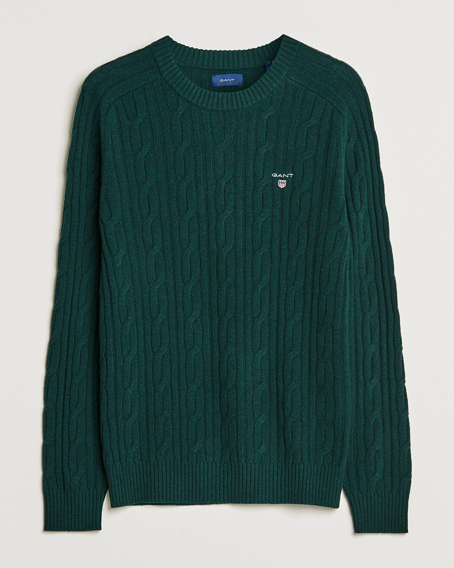 Men | Sweaters & Knitwear | GANT | Lambswool Cable Crew Neck Pullover Tartan Green