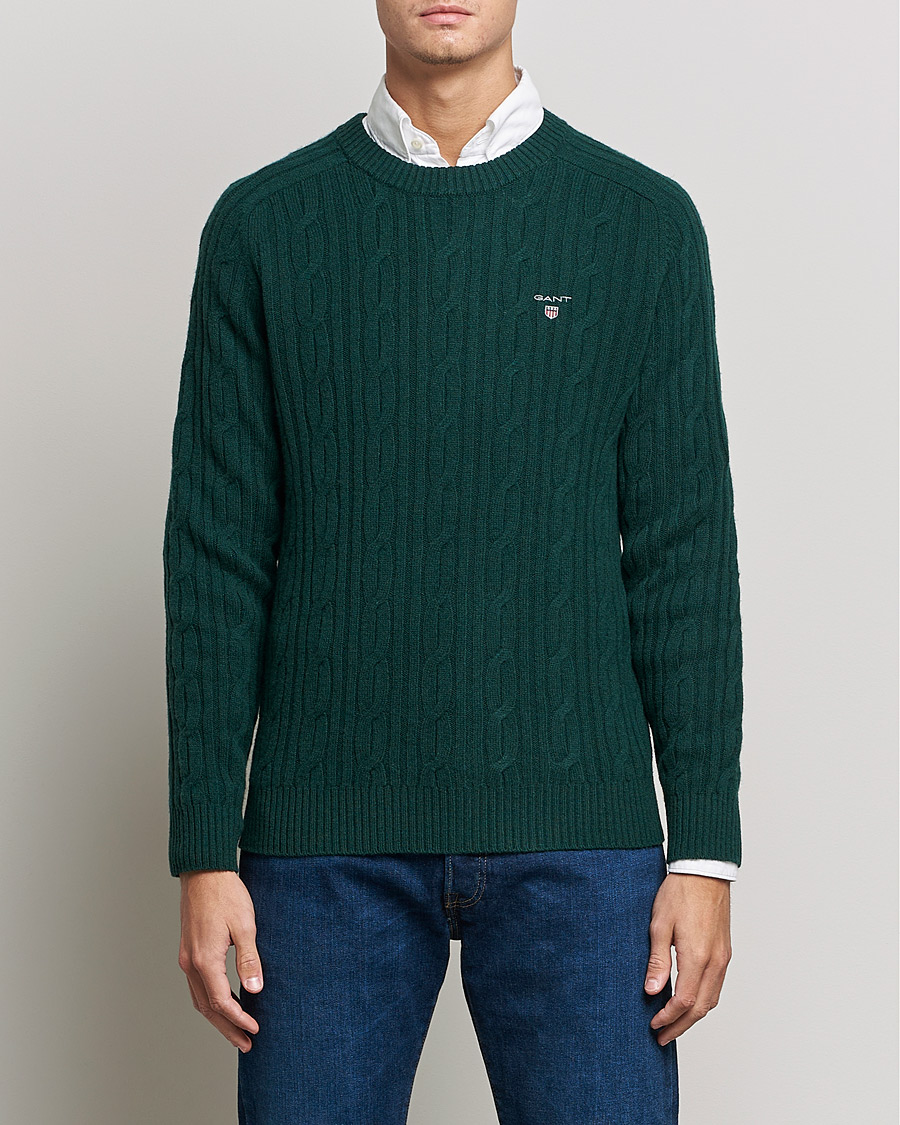 Men | Sweaters & Knitwear | GANT | Lambswool Cable Crew Neck Pullover Tartan Green