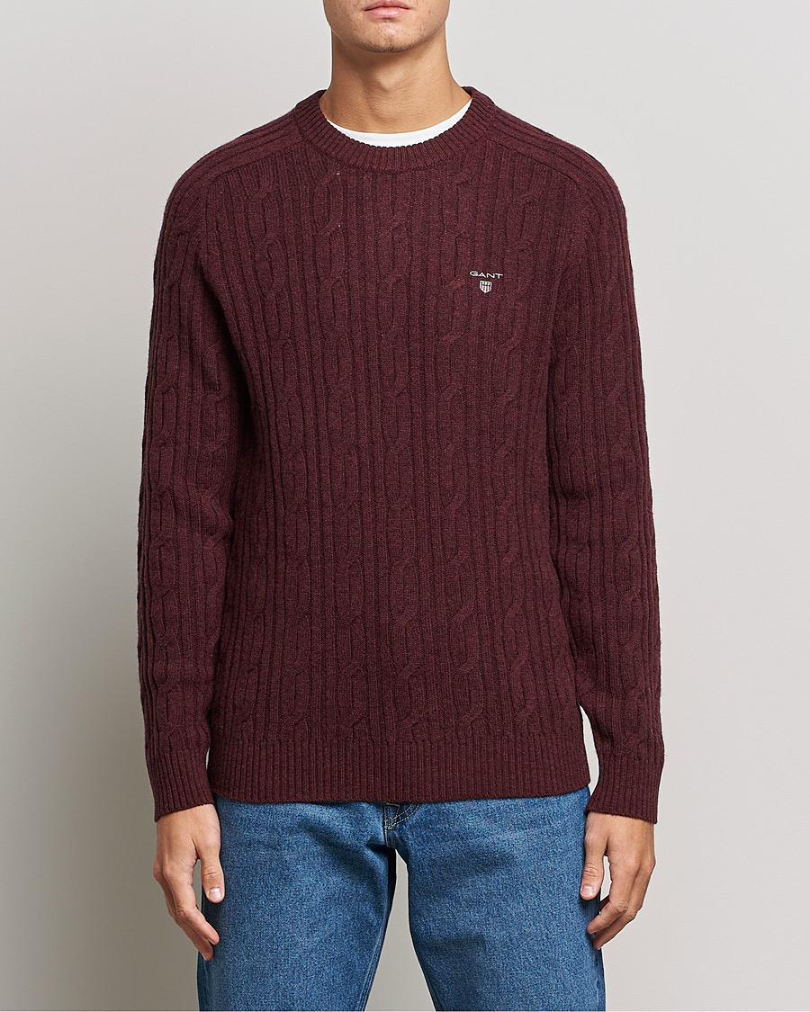 Men | Sweaters & Knitwear | GANT | Lambswool Cable Crew Neck Pullover Dark Burgundy Melange