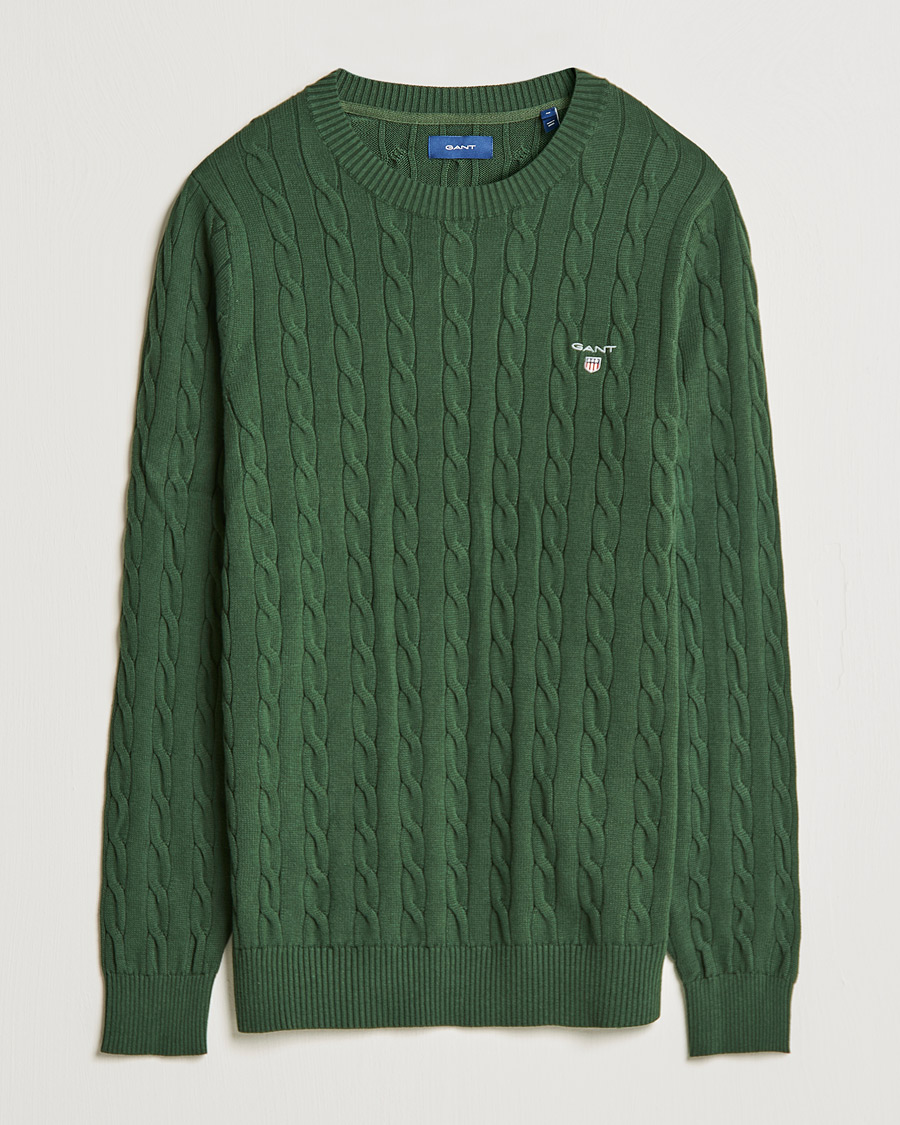 Men | Sweaters & Knitwear | GANT | Cotton Cable Crew Neck Pullover Storm Green