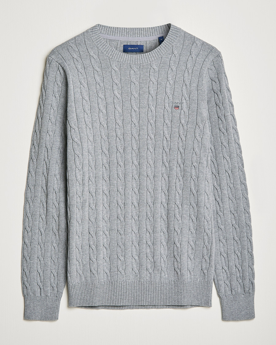 Men | Sweaters & Knitwear | GANT | Cotton Cable Crew Neck Pullover Grey Melange
