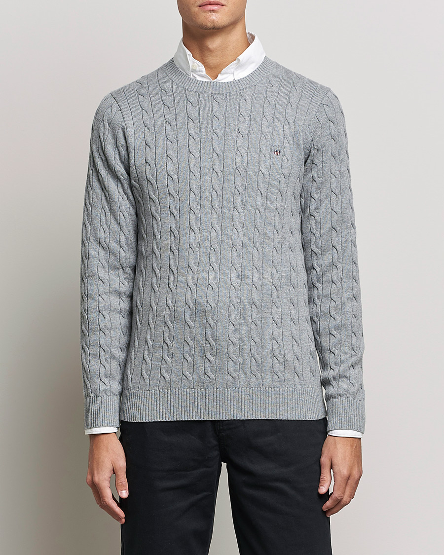Men | Sweaters & Knitwear | GANT | Cotton Cable Crew Neck Pullover Grey Melange
