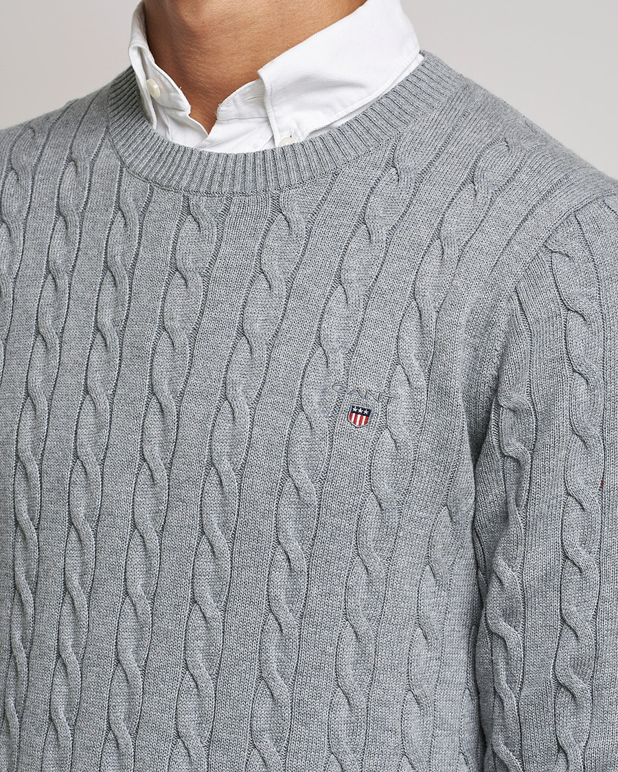 Men | Sweaters & Knitwear | GANT | Cotton Cable Crew Neck Pullover Grey Melange