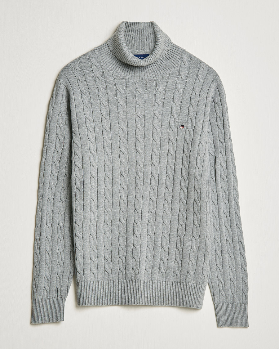 Men | Sweaters & Knitwear | GANT | Cotton Cable Turtleneck Grey Melange