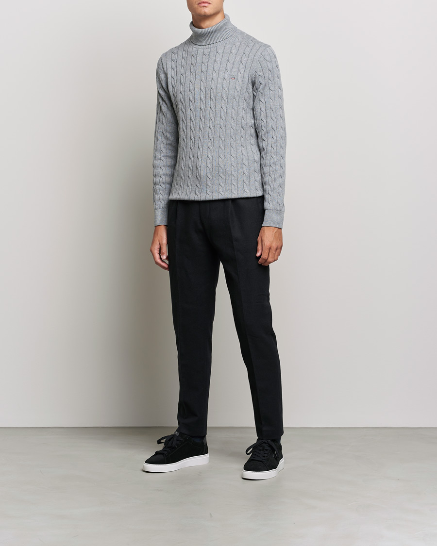 Men | Sweaters & Knitwear | GANT | Cotton Cable Turtleneck Grey Melange