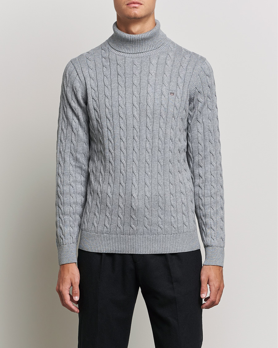Men | Sweaters & Knitwear | GANT | Cotton Cable Turtleneck Grey Melange