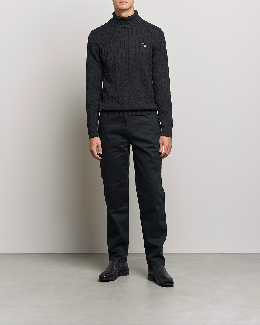 Men | Sweaters & Knitwear | GANT | Cotton Cable Turtleneck Dark Charcoal Melange