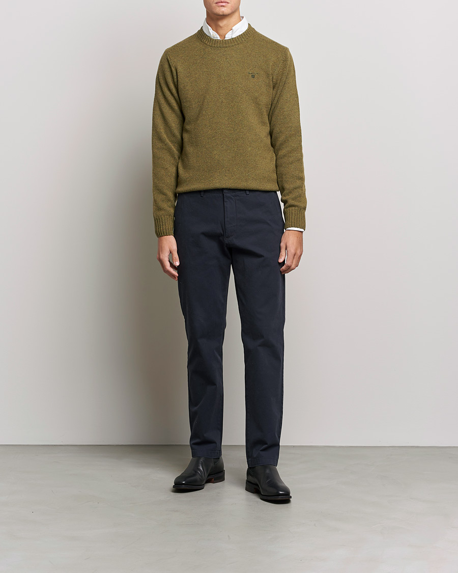 Men | Sweaters & Knitwear | GANT | Brushed Wool Crew Neck Sweater Army Green