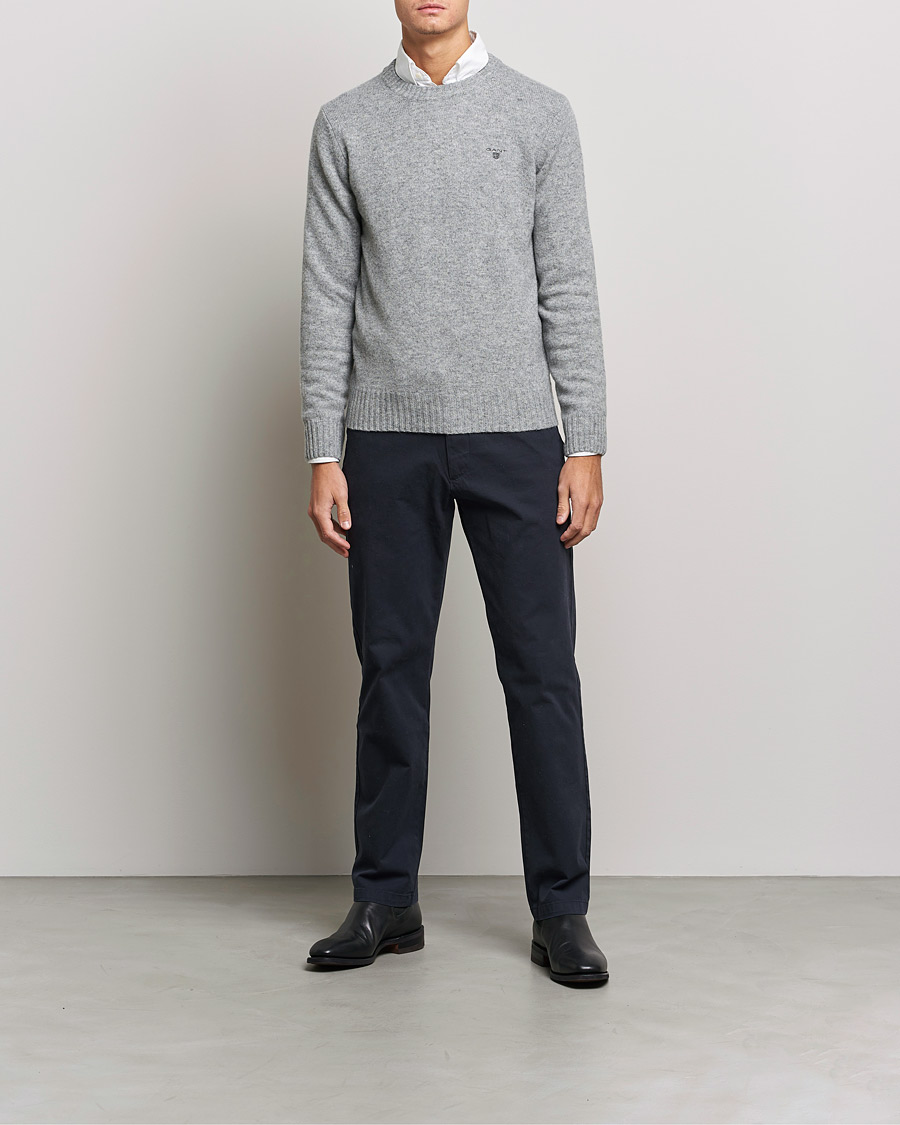 Men | Sweaters & Knitwear | GANT | Brushed Wool Crew Neck Sweater Grey Melange