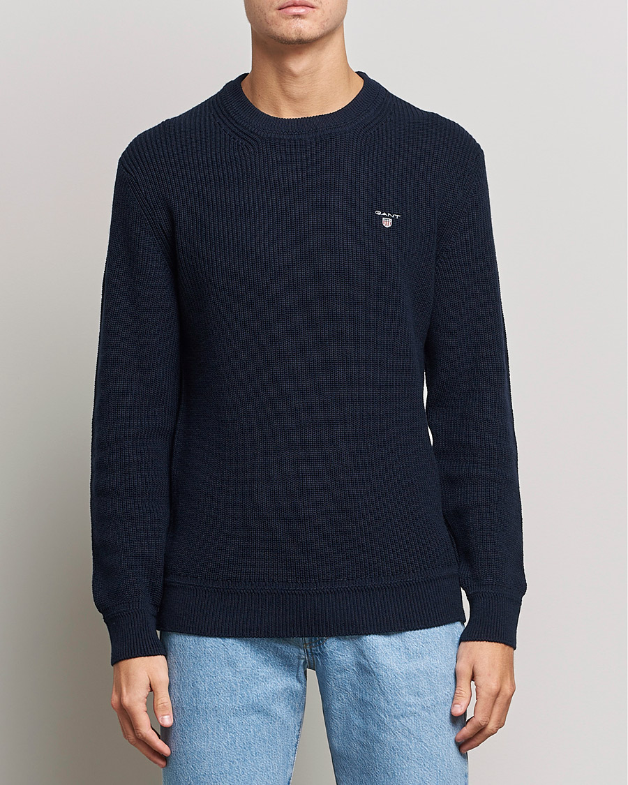 Men | Knitted Jumpers | GANT | Cotton/Wool Ribbed Sweater Evening Blue