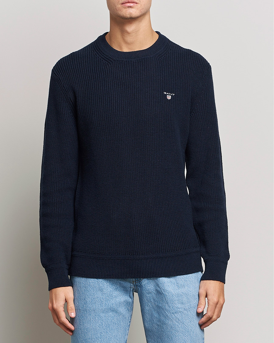 Men | Sweaters & Knitwear | GANT | Cotton/Wool Ribbed Sweater Evening Blue