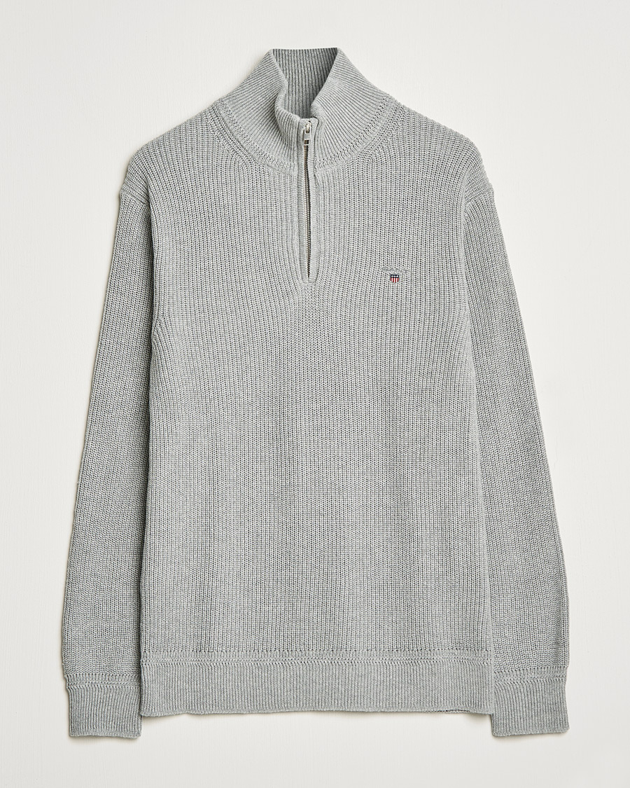 Men | Sweaters & Knitwear | GANT | Cotton/Wool Ribbed Half Zip Sweater Grey Melange