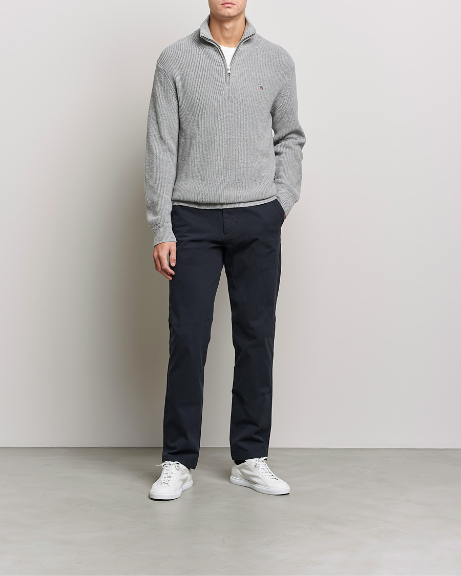 Men | Sweaters & Knitwear | GANT | Cotton/Wool Ribbed Half Zip Sweater Grey Melange