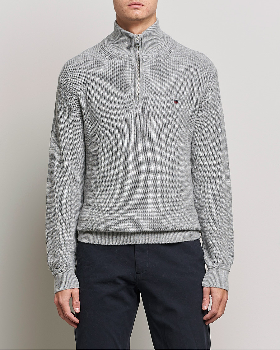 Men | Sweaters & Knitwear | GANT | Cotton/Wool Ribbed Half Zip Sweater Grey Melange
