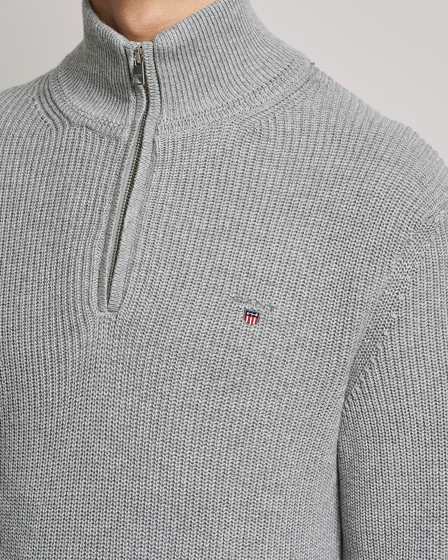 Men | Sweaters & Knitwear | GANT | Cotton/Wool Ribbed Half Zip Sweater Grey Melange