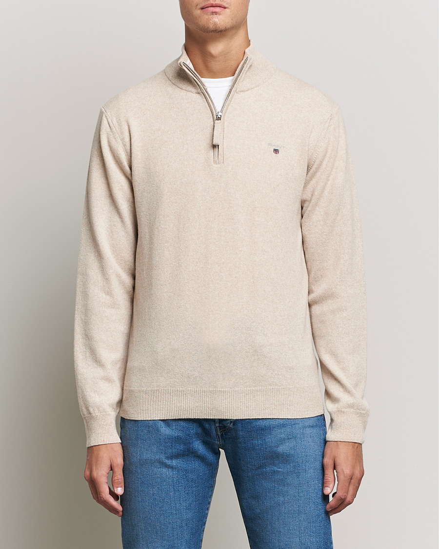 Men | Sweaters & Knitwear | GANT | Lambswool Half Zip Dark Sand Melange