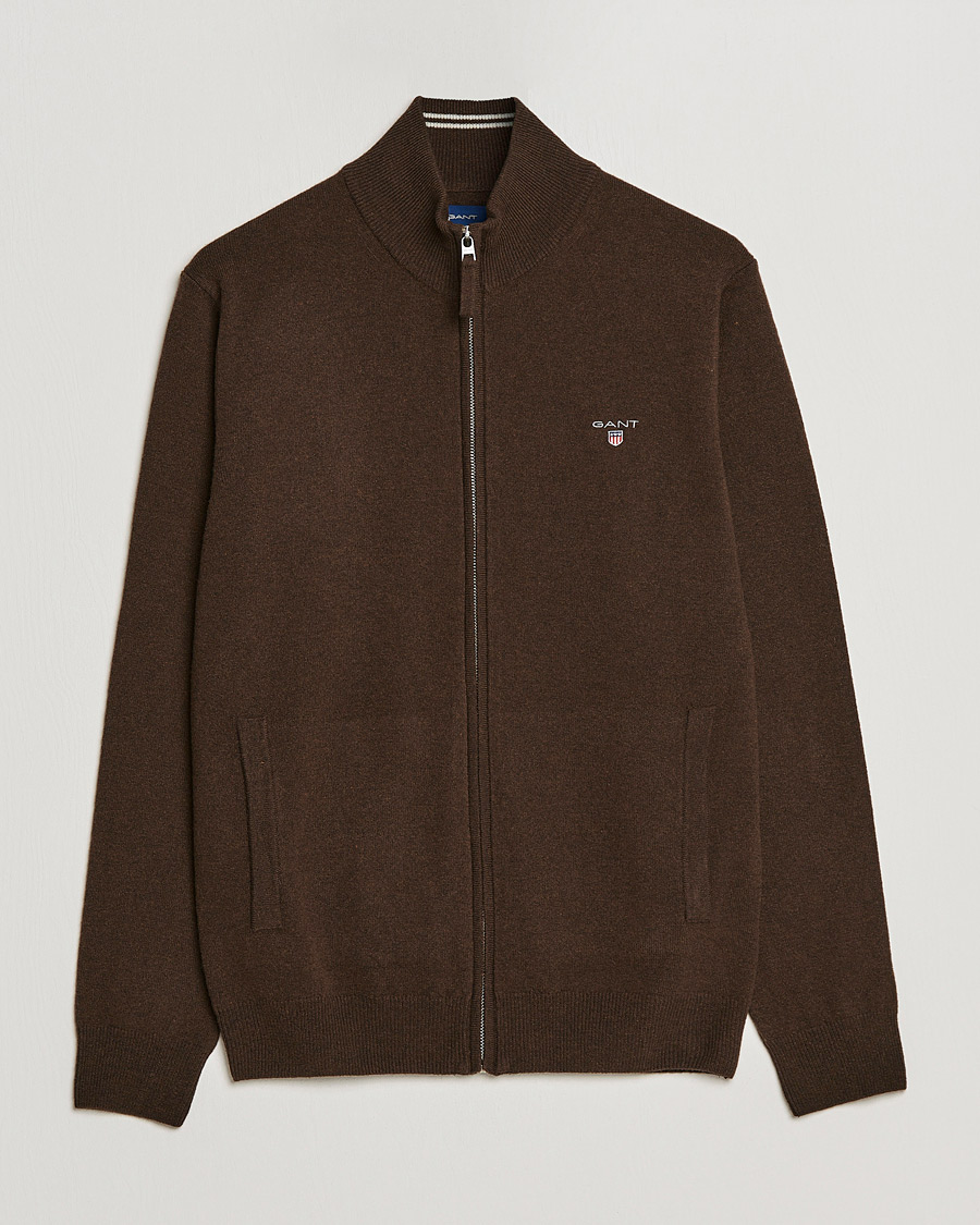 Men | Sweaters & Knitwear | GANT | Lambswool Full Zip Dark Brown Melange