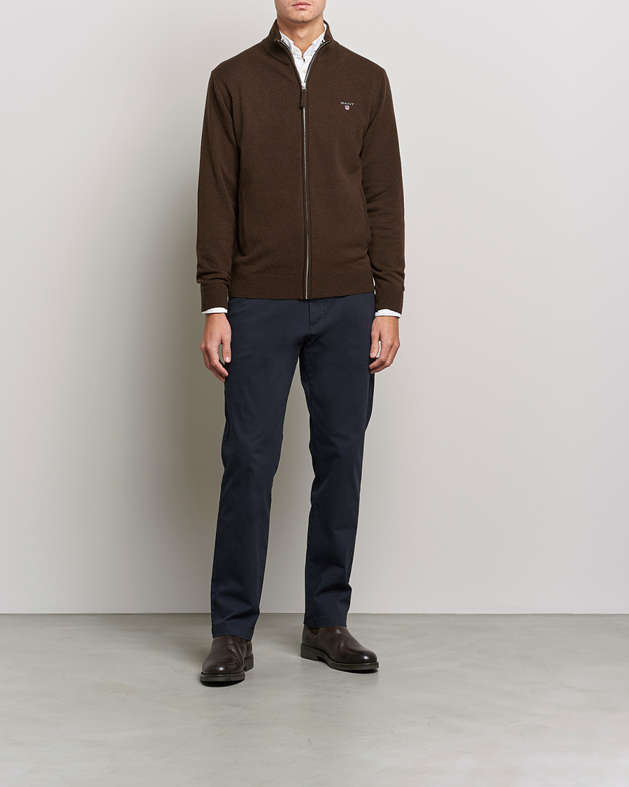 Men | Sweaters & Knitwear | GANT | Lambswool Full Zip Dark Brown Melange