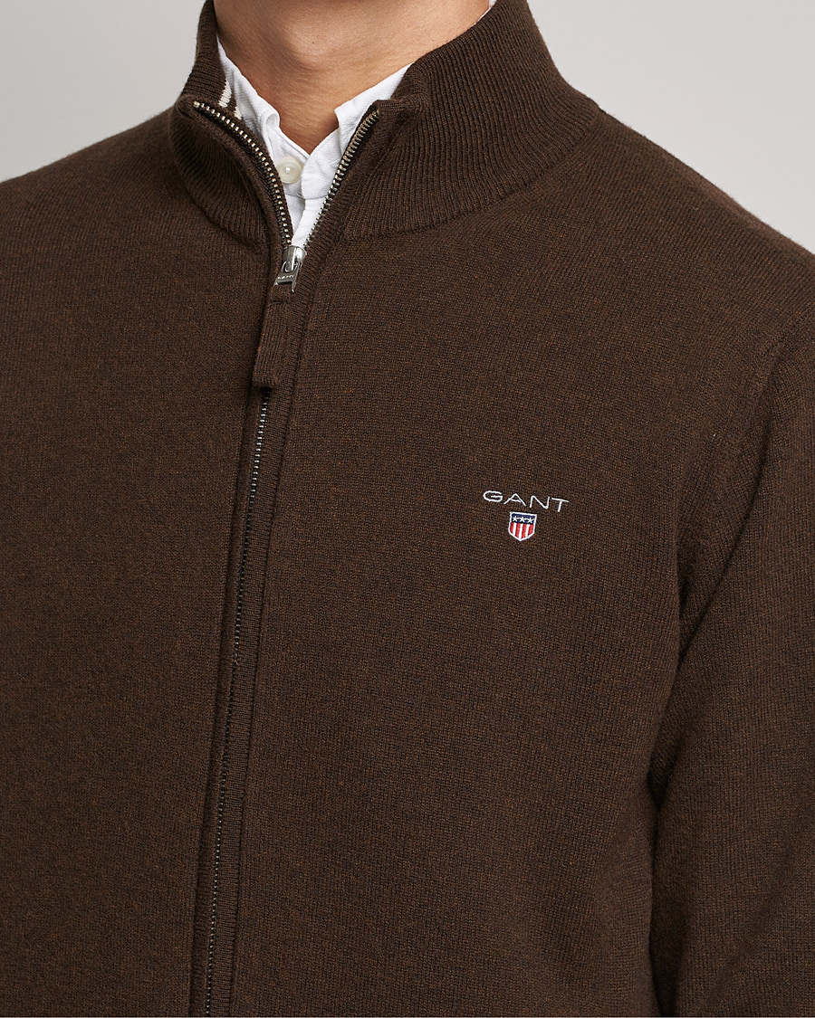 Men | Sweaters & Knitwear | GANT | Lambswool Full Zip Dark Brown Melange