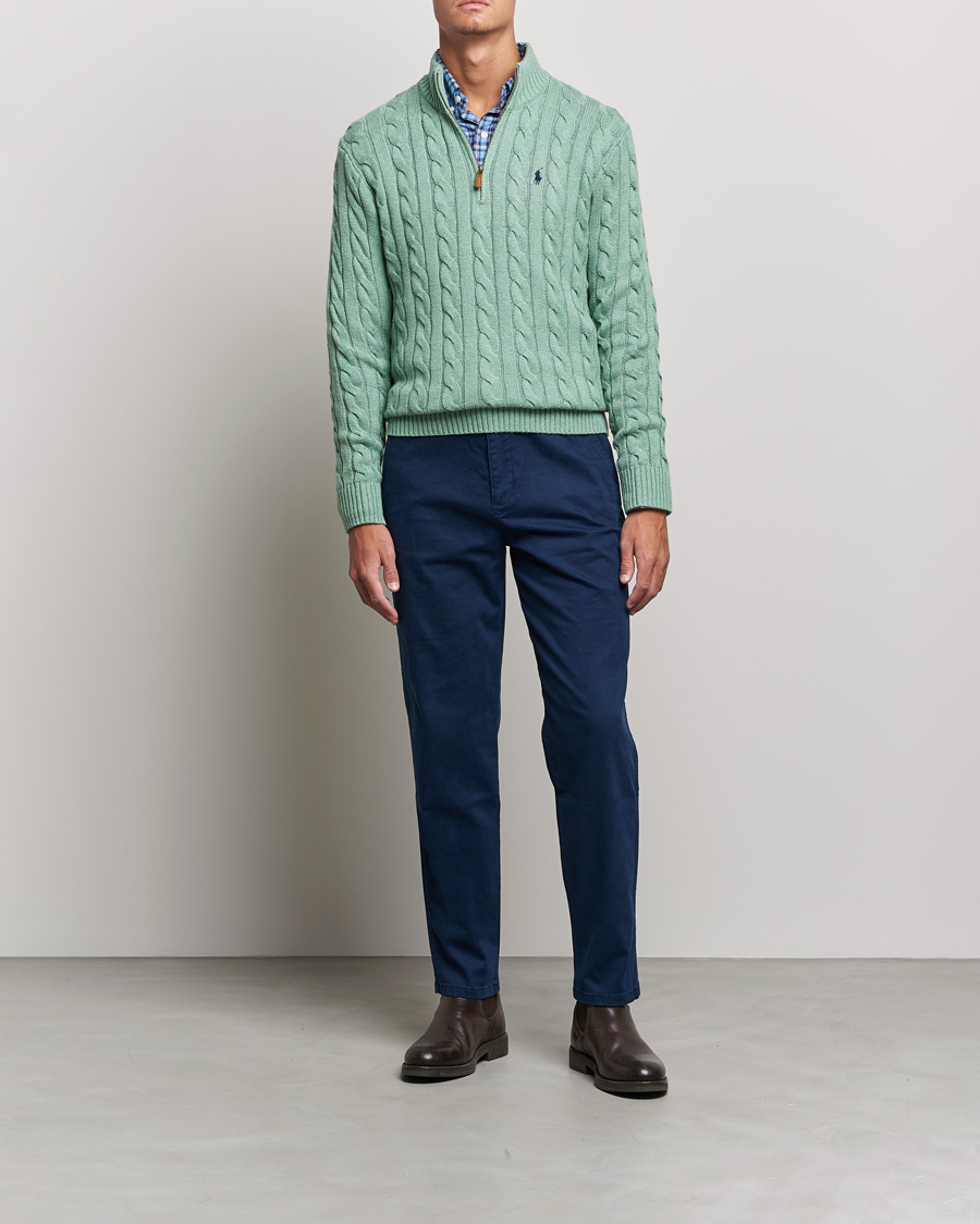 Men | Sweaters & Knitwear | Polo Ralph Lauren | Cotton Cable Half Zip Sweater Seafoam Heather