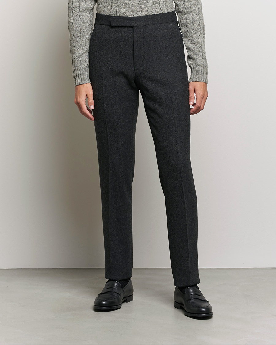 Men | Trousers | Ralph Lauren Purple Label | Flat Front Flannel Trousers Dark Grey
