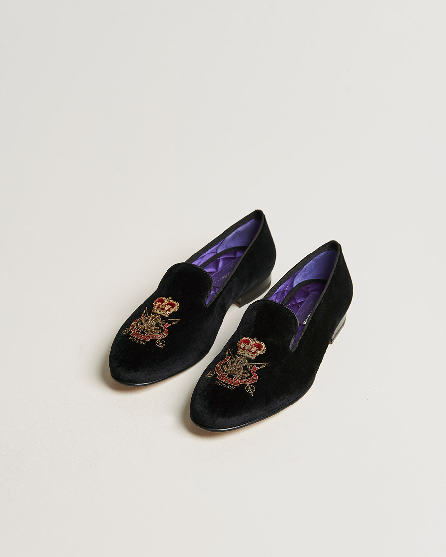 Men | Ralph Lauren Purple Label Velvet Embroidered Slippers Black | Ralph Lauren Purple Label | Velvet Embroidered Slippers Black