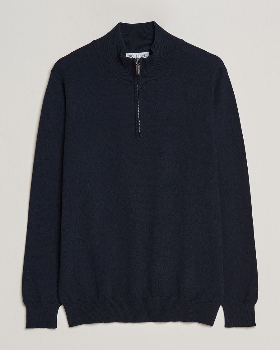 Men | Sweaters & Knitwear | Johnstons of Elgin | 2-Ply Cashmer Half Zip Dark Navy