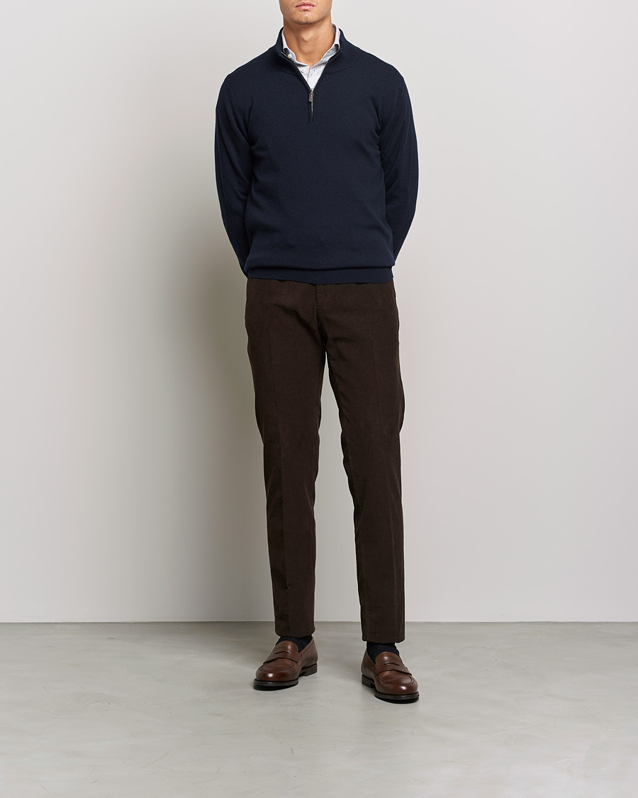 Men | Sweaters & Knitwear | Johnstons of Elgin | 2-Ply Cashmer Half Zip Dark Navy