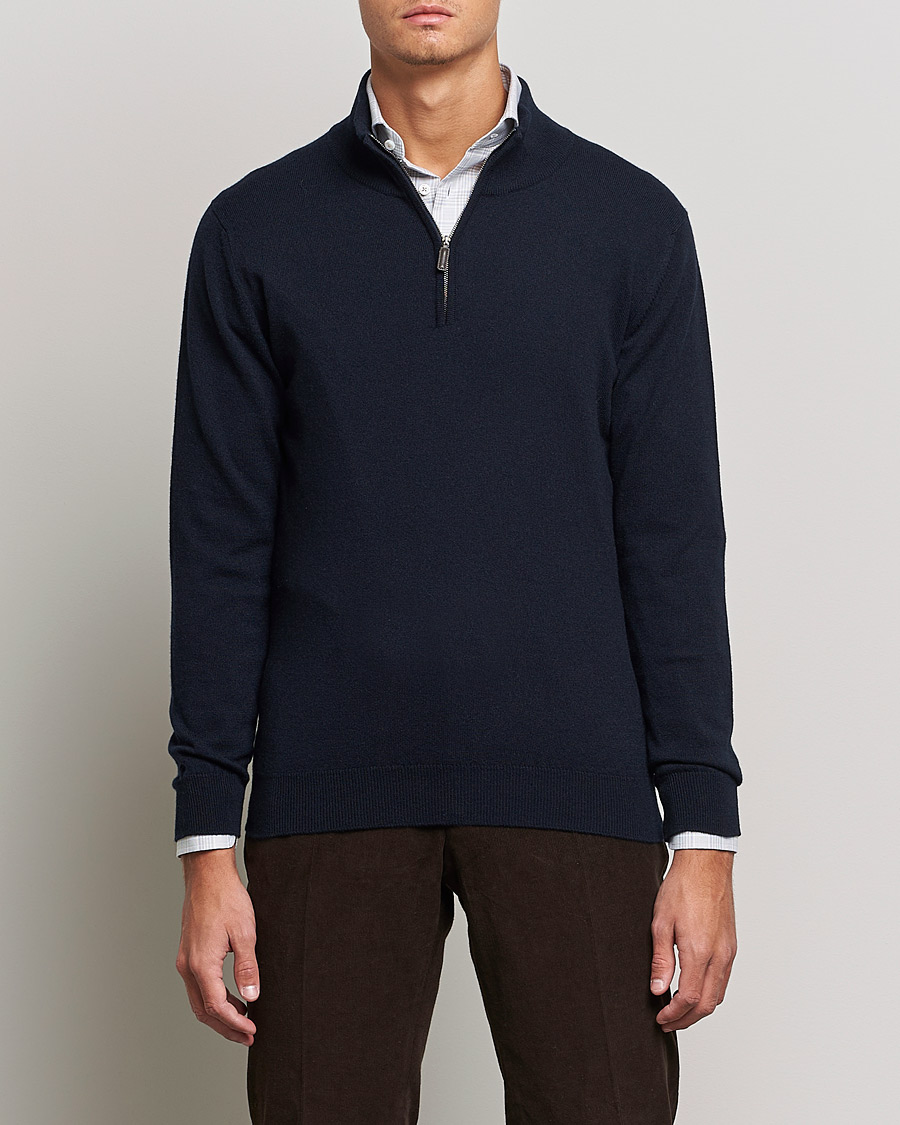 Men | Sweaters & Knitwear | Johnstons of Elgin | 2-Ply Cashmer Half Zip Dark Navy