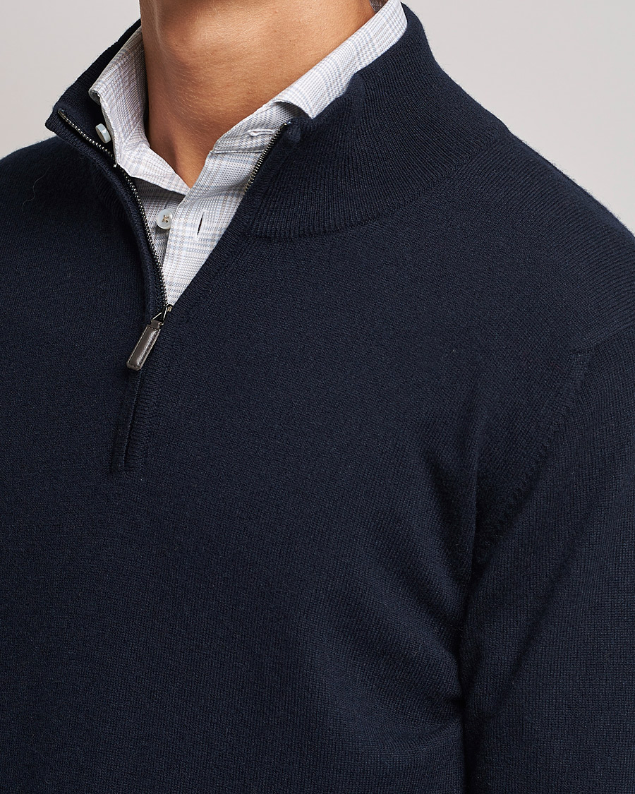 Men | Sweaters & Knitwear | Johnstons of Elgin | 2-Ply Cashmer Half Zip Dark Navy